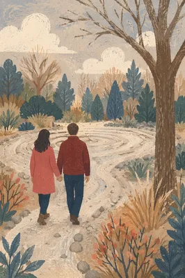 Couple Walking Garden Labyrinth Meditation Path