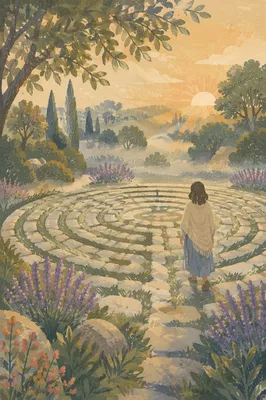 Peaceful Labyrinth Walk in Misty Garden