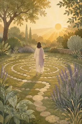 Person Walking Labyrinth Garden at Sunrise
