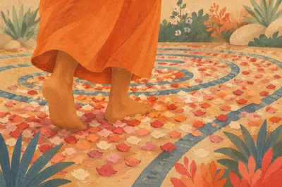 Barefoot Labyrinth Walk in Sunlit Garden
