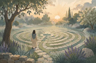 Person Walking Labyrinth Garden at Sunrise