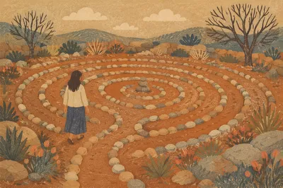 Person Walking Stone Labyrinth Garden Path