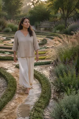 Woman Walking Garden Labyrinth at Sunrise