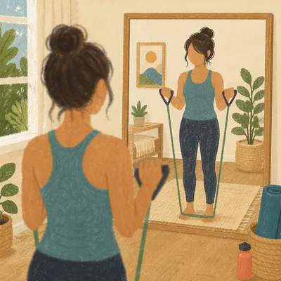 Home Resistance Band Workout in Mirror