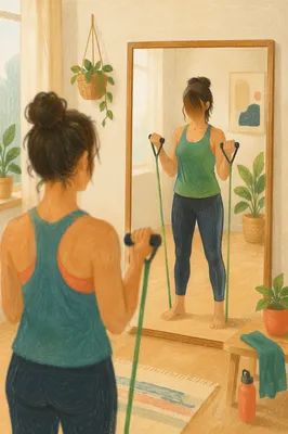 Home Resistance Band Workout in Mirror