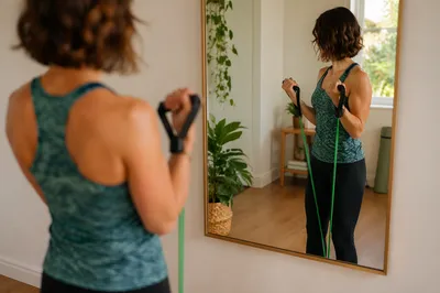 Home Resistance Band Workout in Mirror
