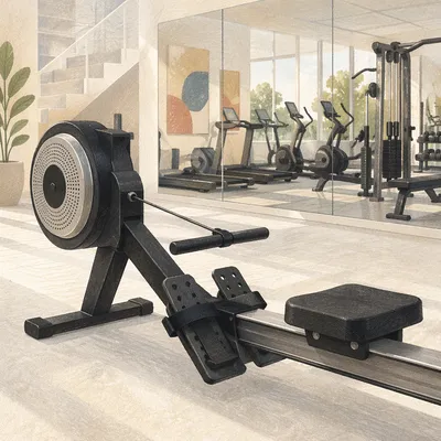 Close Up Rowing Machine in Bright Gym