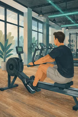 Rowing Machine Cardio Workout in Modern Gym