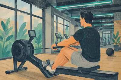 Close-Up Rowing Workout in Modern Gym