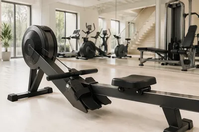 Close-Up Rowing Machine in Bright Modern Gym