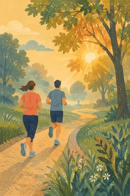 Morning Park Trail Joggers in Golden Light