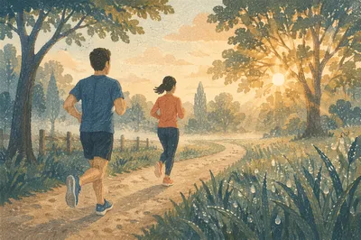 Morning Joggers on Sunlit Park Trail