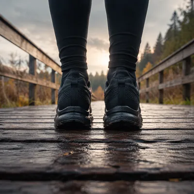 Trail Running Shoes on Dewy Boardwalk