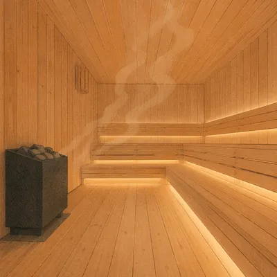 Warm Wooden Sauna Interior with Gentle Steam