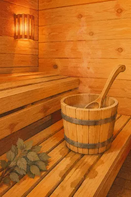 Warm Wooden Sauna Interior With Steam