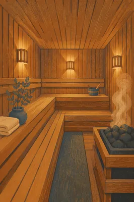 Warm Wooden Sauna Interior with Gentle Steam