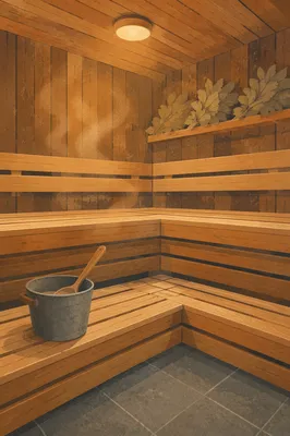 Quiet Wooden Sauna Interior with Soft Steam