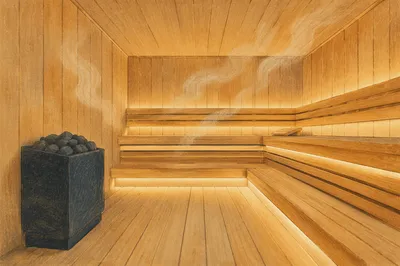 Warm Wooden Sauna Interior with Soft Steam