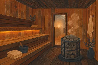 Serene Wooden Sauna Interior with Amber Glow