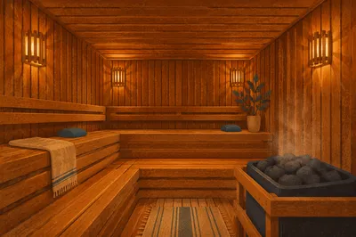 Warm Wooden Sauna Interior With Gentle Steam