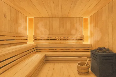Serene Wooden Sauna Interior with Warm Steam
