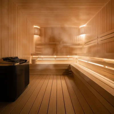 Warm Modern Sauna Interior with Steam