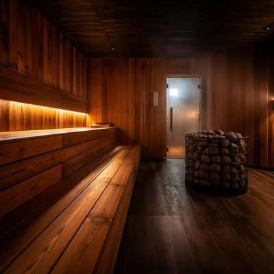 Serene Wooden Sauna Interior with Warm Steam