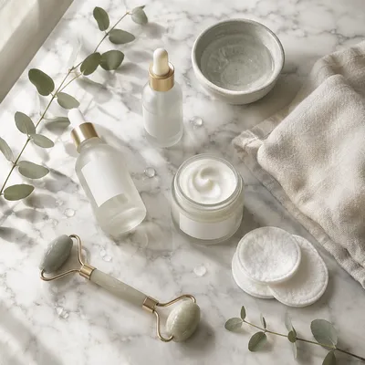 Skincare Ritual Flat Lay on Marble