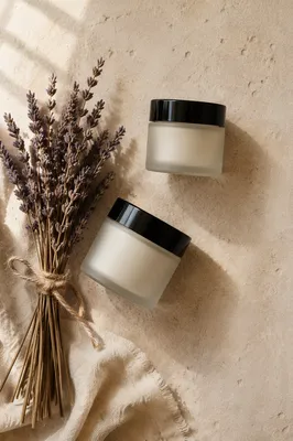 Lavender Skincare Jars on White Marble
