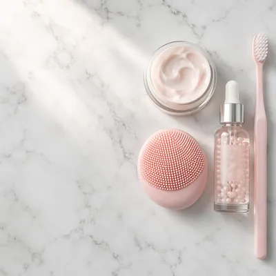 Minimal Blush Skincare Flat Lay on Marble