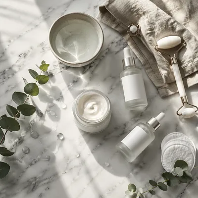 Minimal Skincare Flat Lay on Marble