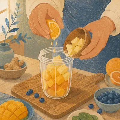 Fresh Smoothie Preparation in Warm Kitchen