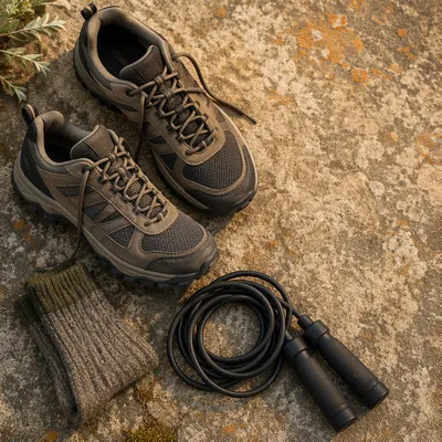 Trail Shoes and Jump Rope Flat Lay