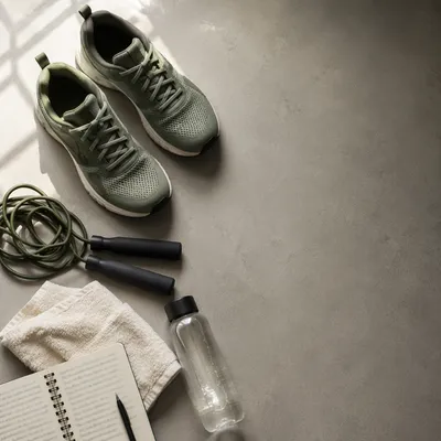 Sport Shoes and Jump Rope Flat Lay