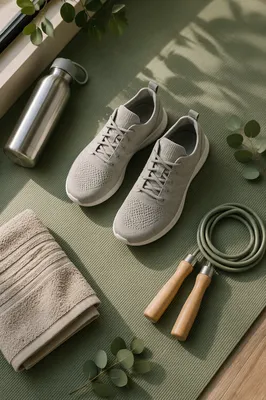 Sport Shoes and Jump Rope Flat Lay