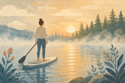 Morning Paddle Board Balance on Calm Lake