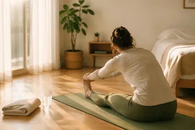 Morning Yoga Stretch in Sunlit Bedroom