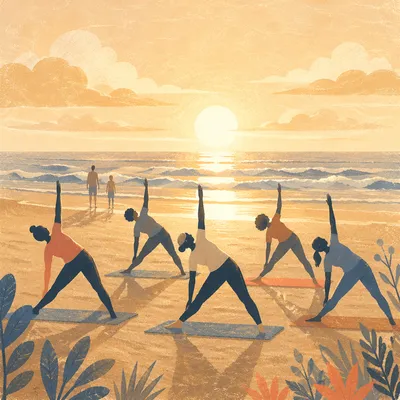 Sunrise Beach Yoga Class Silhouettes