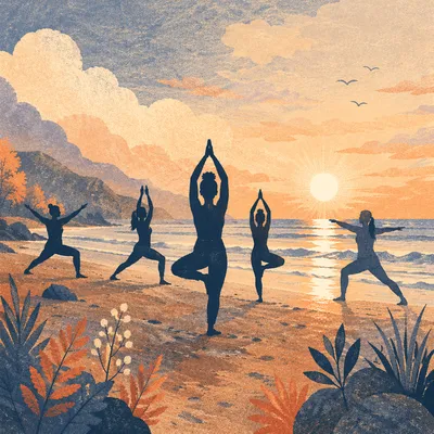 Sunrise Beach Yoga Silhouettes in Stillness