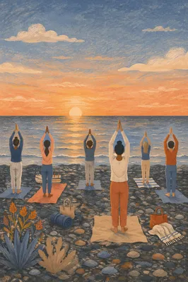 Sunrise Beach Yoga Class Silhouettes