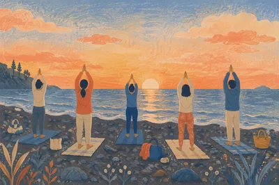Sunrise Beach Yoga Class Silhouettes