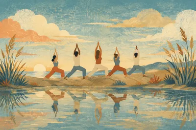 Sunrise Beach Yoga Silhouettes by Calm Water