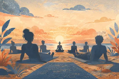 Sunrise Beach Yoga Class Silhouettes