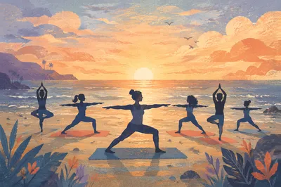 Sunrise Beach Yoga Silhouettes in Harmony