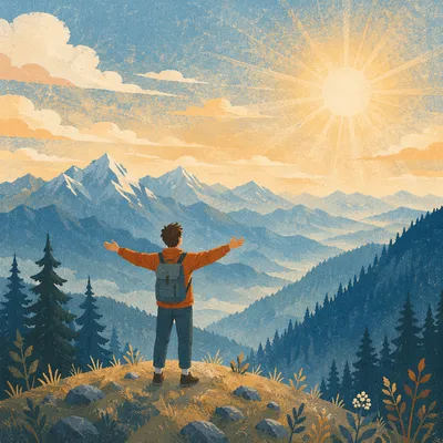 Sunrise Mountain Hiker with Open Arms