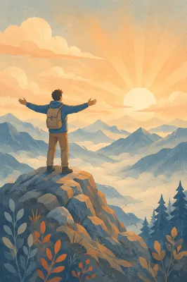 Sunrise Hiker Embracing Peaceful Mountain Victory