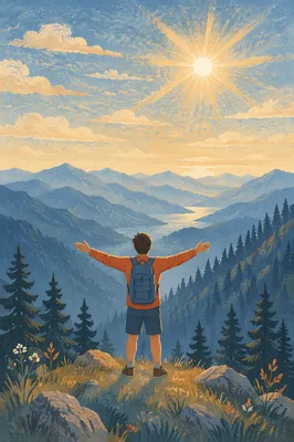 Sunrise Hiker on Peaceful Mountain Summit