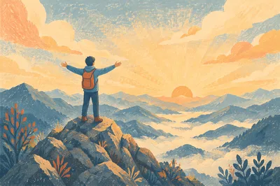 Sunrise Mountain Hiker with Open Arms