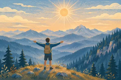 Sunrise Mountain Hiker in Peaceful Victory
