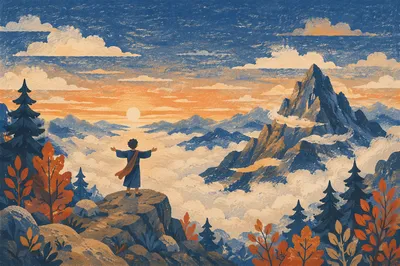 Sunrise Summit Victory Over Cloudy Mountains